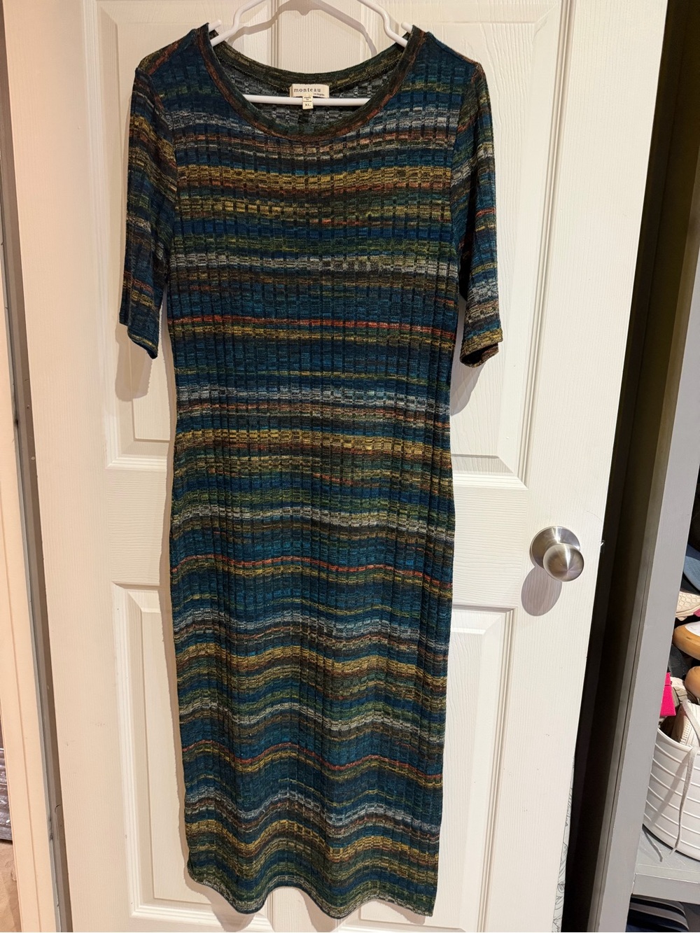 Monteau Teal Multi-Striped Ribbed Midi Dress XL